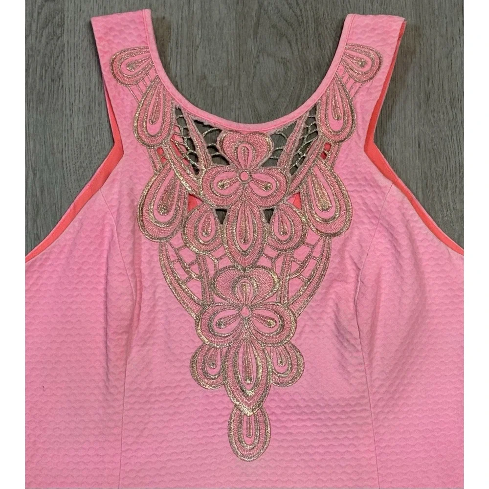 Lilly Pulitzer Largo Shift Dress Women's Size 8 Sun Ray Gold Embroidered Zip - Picture 3 of 12